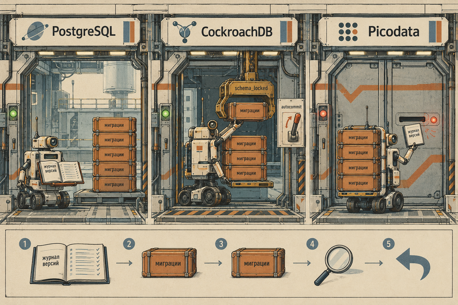 Ретрофутуристский инженерный лист: три стыковочных отсека слева направо — «PostgreSQL», «CockroachDB», «Picodata», в каждом один и тот же робот-погрузчик с ящиками «миграции» и книгой «журнал версий». В отсеке PostgreSQL ворота открыты, горит зелёная лампа, ящики аккуратно выгружены на платформу, а журнал открыт с записями. В отсеке CockroachDB робот внутри, но один ящик застрял в латунном зажиме с табличкой «schema_locked», а рычаг на стене «autocommit» переключён — выгружено не всё. В отсеке Picodata ворота закрыты, горит красная лампа, робот протягивает журнал к узкой щели, а ящики «миграции» так и стоят нетронутыми у него на спине. Внизу — чек-лист робота из пяти шагов: журнал версий, ящик, второй ящик, лупа, стрелка назад