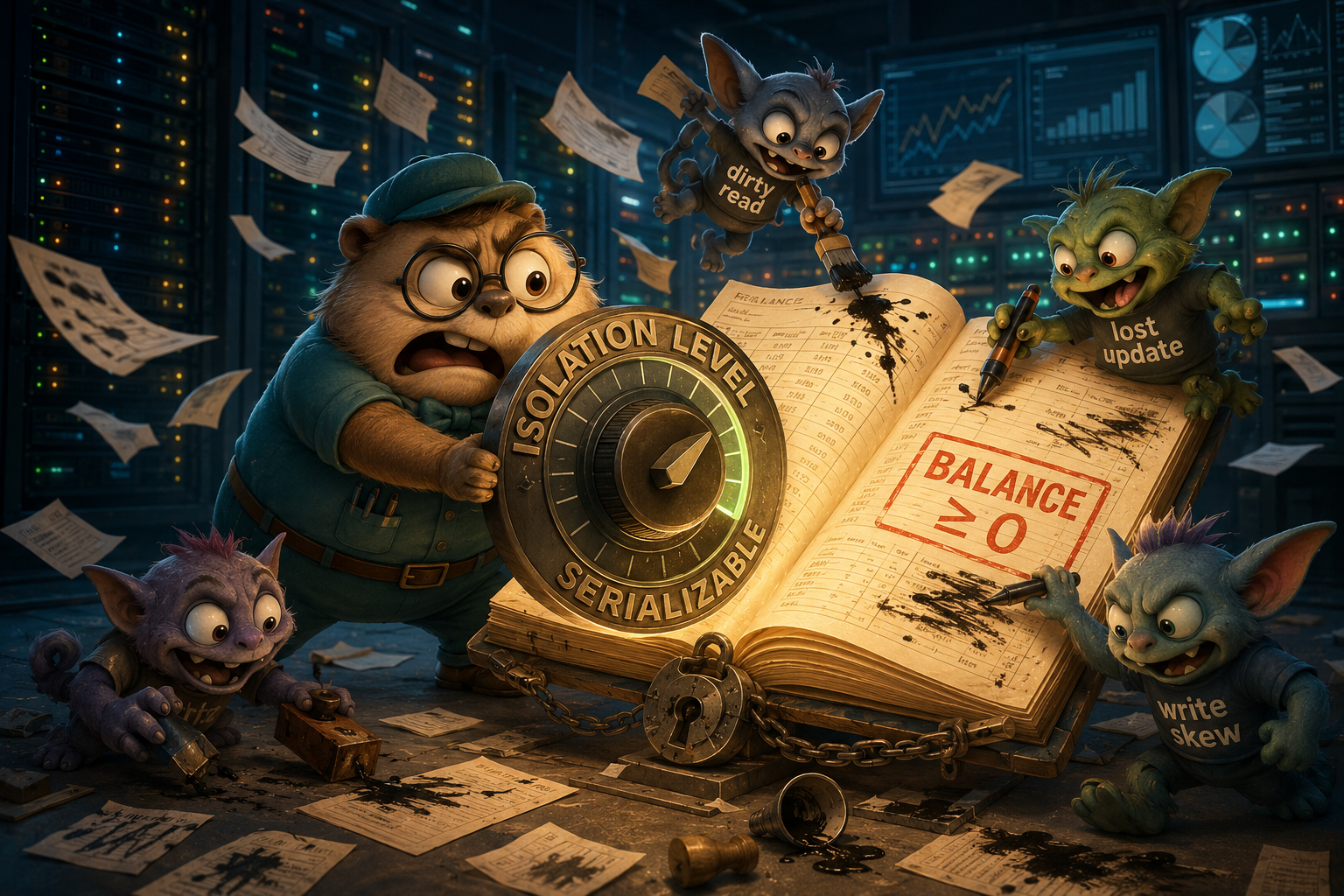 Balance-Keeper с диском «ISOLATION LEVEL · SERIALIZABLE» защищает гроссбух «BALANCE ≥ 0» от гремлинов dirty read, lost update и write skew