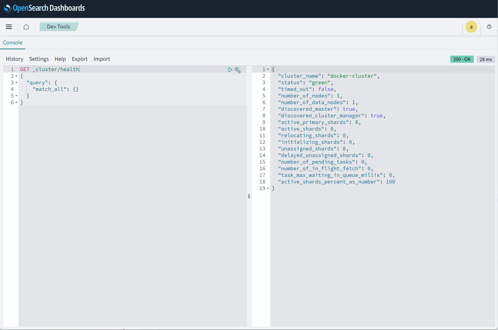 OpenSearch Dashboards, Dev Tools: GET _cluster/health возвращает status green