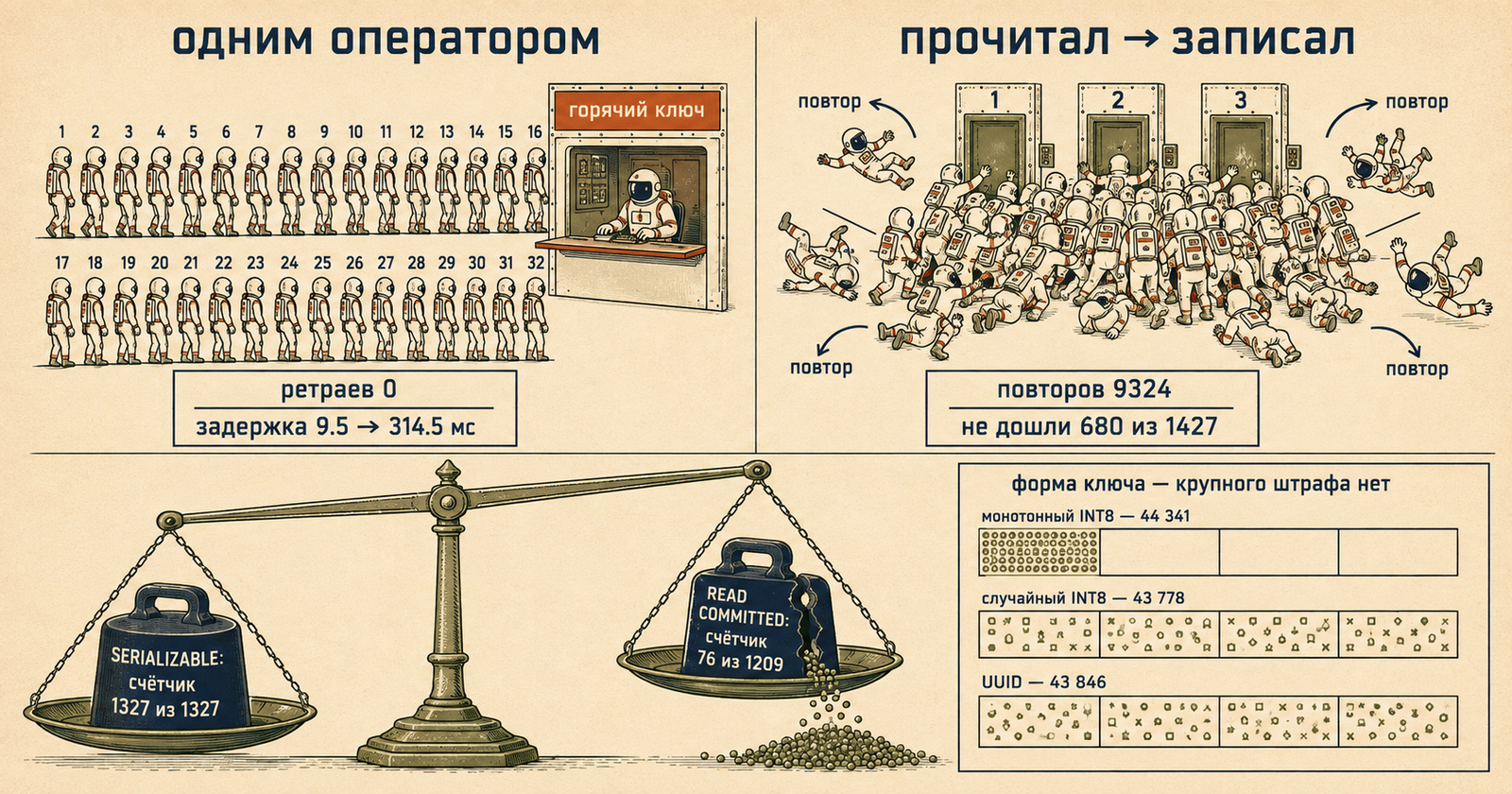Сравнение из двух половин. Слева, под заголовком «одним оператором», ровная очередь из тридцати двух пронумерованных фигурок в скафандрах к окошку с вывеской «горячий ключ», в котором сидит оператор; ниже табло «ретраев 0 · задержка 9.5 → 314.5 мс». Справа, под заголовком «прочитал → записал», та же толпа в свалке перед тремя дверями, часть фигурок отлетает назад по дугам с подписью «повтор»; табло «повторов 9324 · не дошли 680 из 1427». В центре внизу аптекарские весы: левая чаша с цельной гирей «SERIALIZABLE: счётчик 1327 из 1327» опущена, правая с треснувшей гирей «READ COMMITTED: счётчик 76 из 1209» поднята — из неё высыпалось содержимое, горка лежит под чашей. В правом нижнем углу блок «форма ключа — крупного штрафа нет» из трёх сеток по четыре секции: «монотонный INT8 — 44 341» со значками в одной секции, «случайный INT8 — 43 778» и «UUID — 43 846» со значками, разложенными поровну по всем четырём