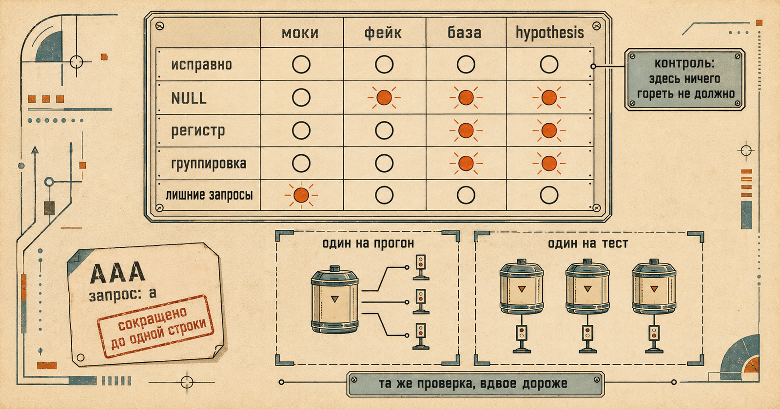 Ретрофутуристичная приборная панель: таблица из четырёх колонок — «моки», «фейк», «база», «hypothesis» — и пяти строк «исправно», «NULL», «регистр», «группировка», «лишние запросы»; на пересечениях лампы, горящая означает пойманный дефект. В строке «исправно» все четыре лампы тёмные, и к ней подведена табличка «контроль: здесь ничего гореть не должно»; в строке «NULL» темна только первая, горят три; в строках «регистр» и «группировка» горят две правые; в строке «лишние запросы» горит единственная лампа под «моки». Справа внизу два огороженных участка: «один на прогон» с одним контейнером и тремя постами проверки и «один на тест» с тремя контейнерами, под ними табличка «та же проверка, вдвое дороже»; слева внизу карточка с надписью «AAA», ниже «запрос: a» и штампом «сокращено до одной строки»