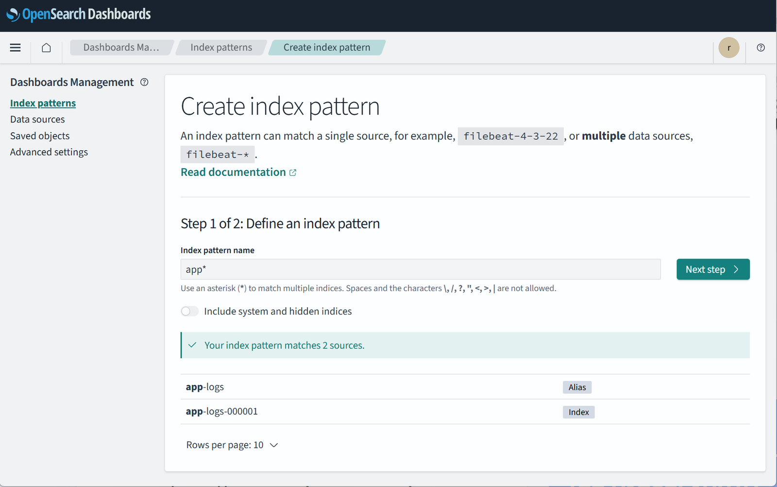 Reader создаёт index pattern: маска app* находит app-logs (alias) и app-logs-000001