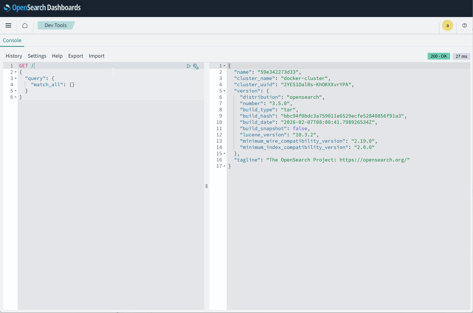 GET / в Dev Tools возвращает version.number 3.5.0