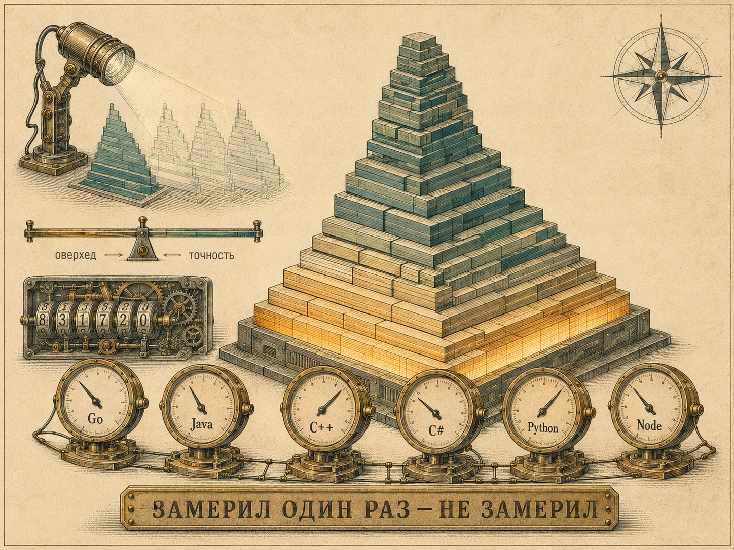 Ретрофутуристская схема в стиле «Полдень»: в центре флеймграф как ступенчатая башня из блоков (широкое основание — где горит время), вокруг шесть измерительных приборов-циферблатов с гравировкой Go, Java, C++, C#, Python, Node; слева контраст двух методов — стробоскоп, снимающий силуэт стека по таймеру (sampling), против ряда счётчиков, встроенных в шестерни механизма (instrumentation); внизу шкала «оверхед ↔ точность» и предупреждающая табличка «замерил один раз — не замерил»
