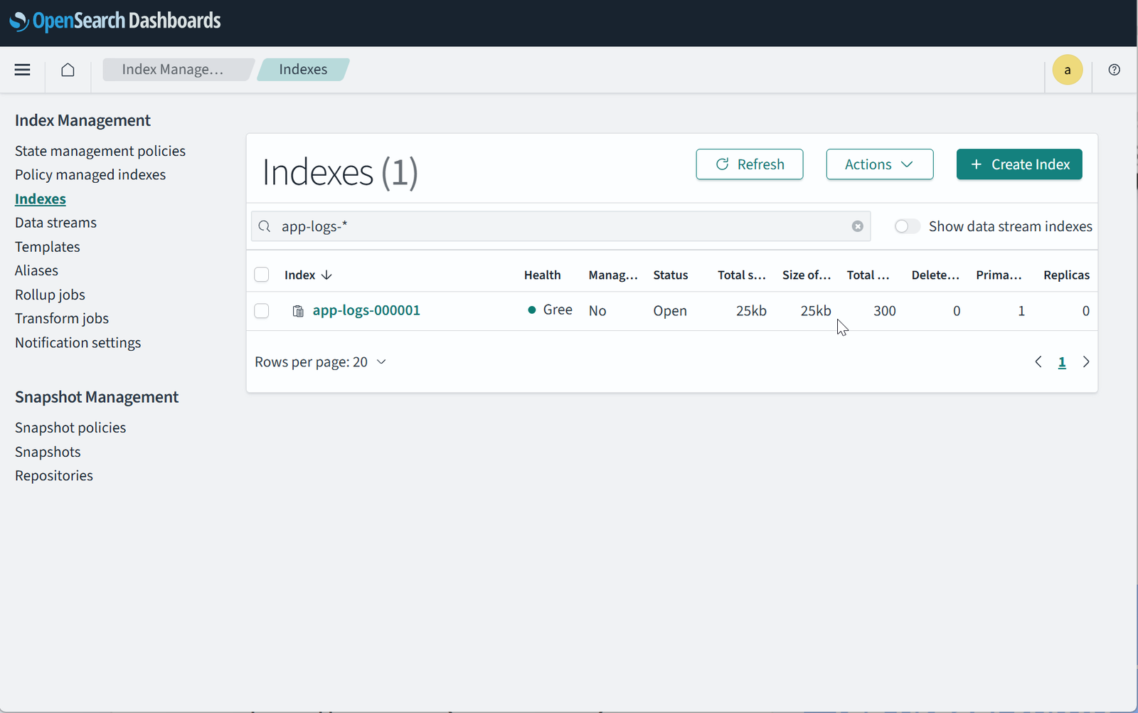 Индекс app-logs-000001 в Index Management — под него и подводится index pattern app-logs-*