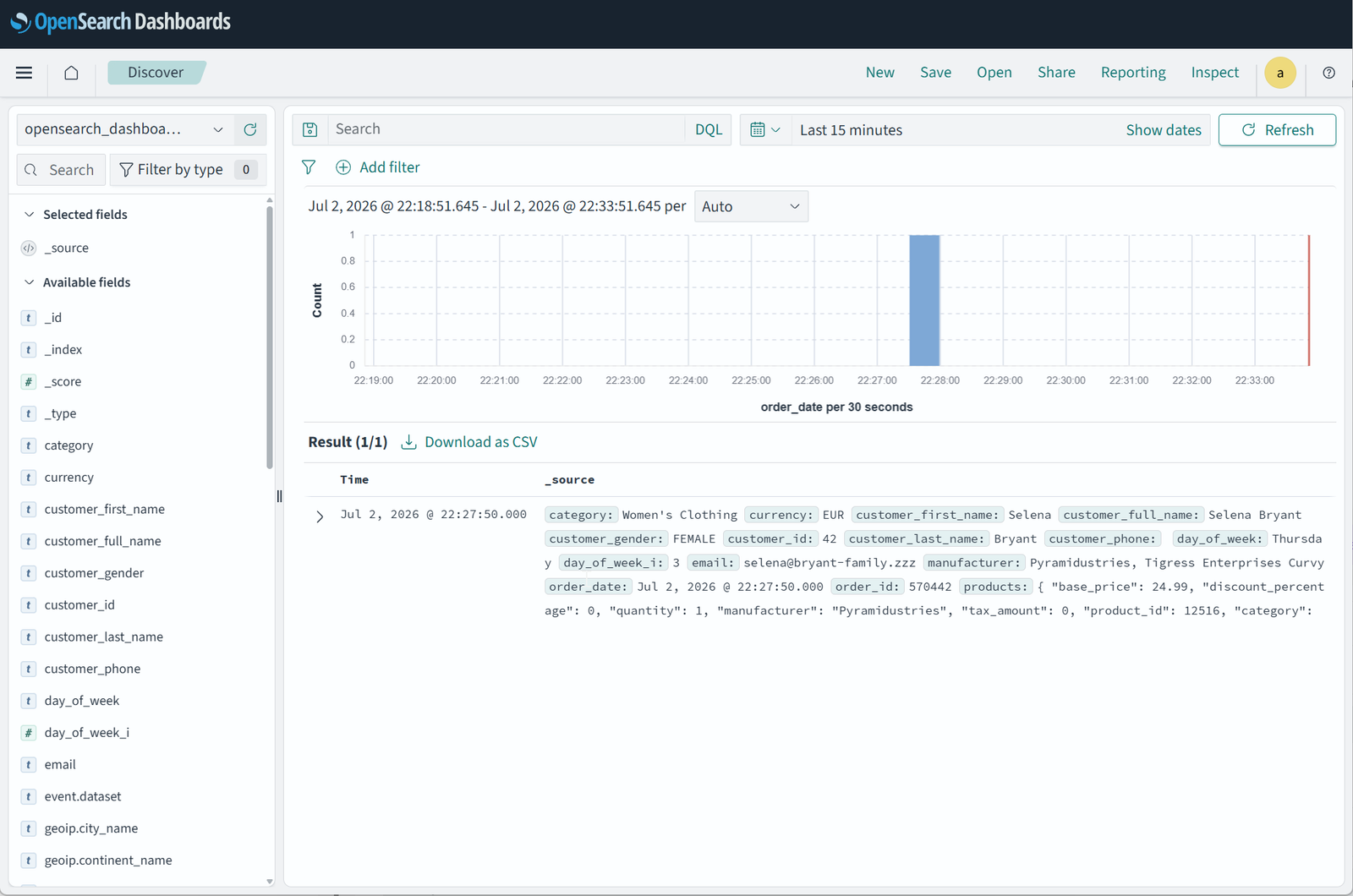 OpenSearch Dashboards, Discover: просмотр документов индекса