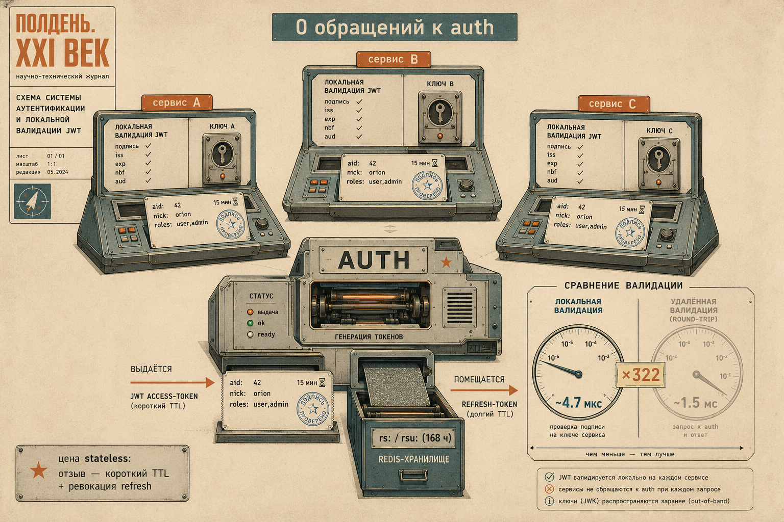 Ретрофутуристская схема «0 обращений к auth» в стиле «Полдень. XXI век»: три сервиса-терминала локально валидируют JWT по своим ключам, центральный аппарат AUTH печатает access-токен с коротким TTL и refresh в Redis-хранилище rs:/rsu: (168 ч); справа сравнение валидации — локальная ~4.7 мкс против удалённой round-trip ~1.5 мс, выигрыш ×322