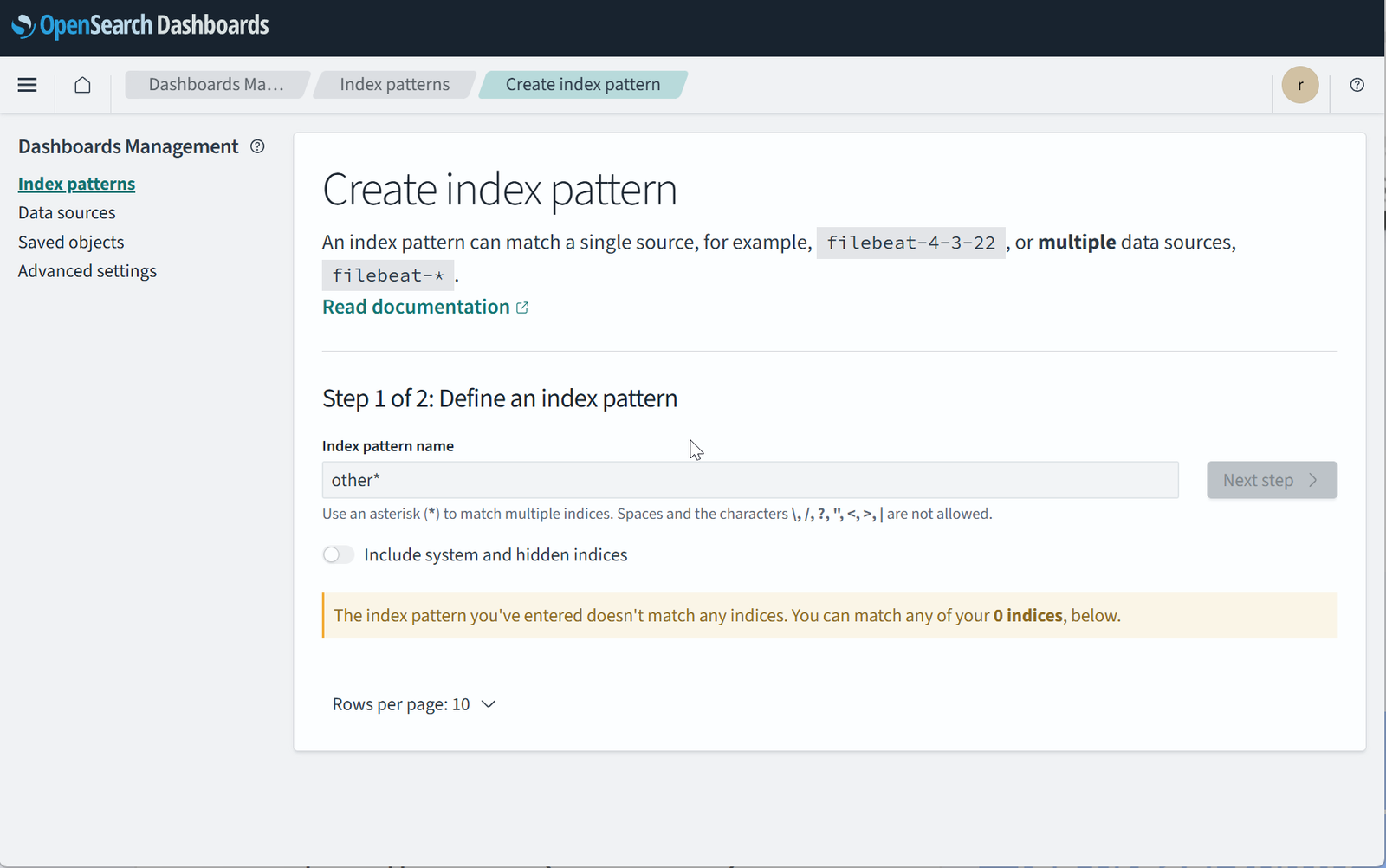 Reader создаёт index pattern: маска other* не находит ни одного индекса