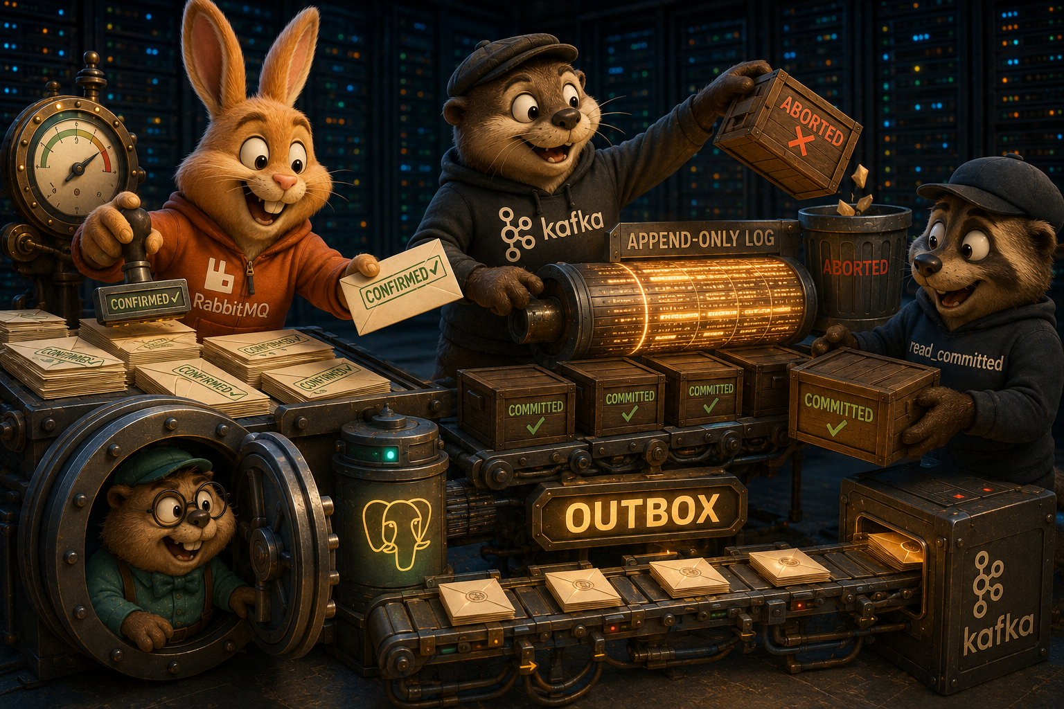 RabbitMQ штампует «CONFIRMED», Kafka отбрасывает «ABORTED» и отдаёт read_committed-консьюмеру только «COMMITTED», конвейер OUTBOX связывает БД и брокер