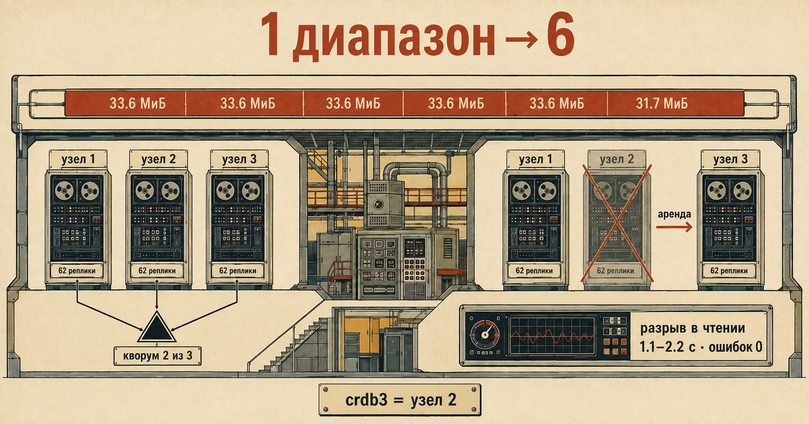 Разрез машинного зала как техническая схема. Сверху лента ключевого пространства, разрезанная на шесть сегментов с подписями «33.6 МиБ» пять раз и «31.7 МиБ», над ней заголовок «1 диапазон → 6». Слева три стойки «узел 1», «узел 2», «узел 3», под каждой счётчик «62 реплики», линии от них сходятся в треугольник «кворум 2 из 3». Справа та же тройка, но средняя стойка перечёркнута крестом, от неё стрелка «аренда» ведёт к соседней, и рядом табло «разрыв в чтении 1.1–2.2 с · ошибок 0». Внизу отдельная табличка «crdb3 = узел 2»