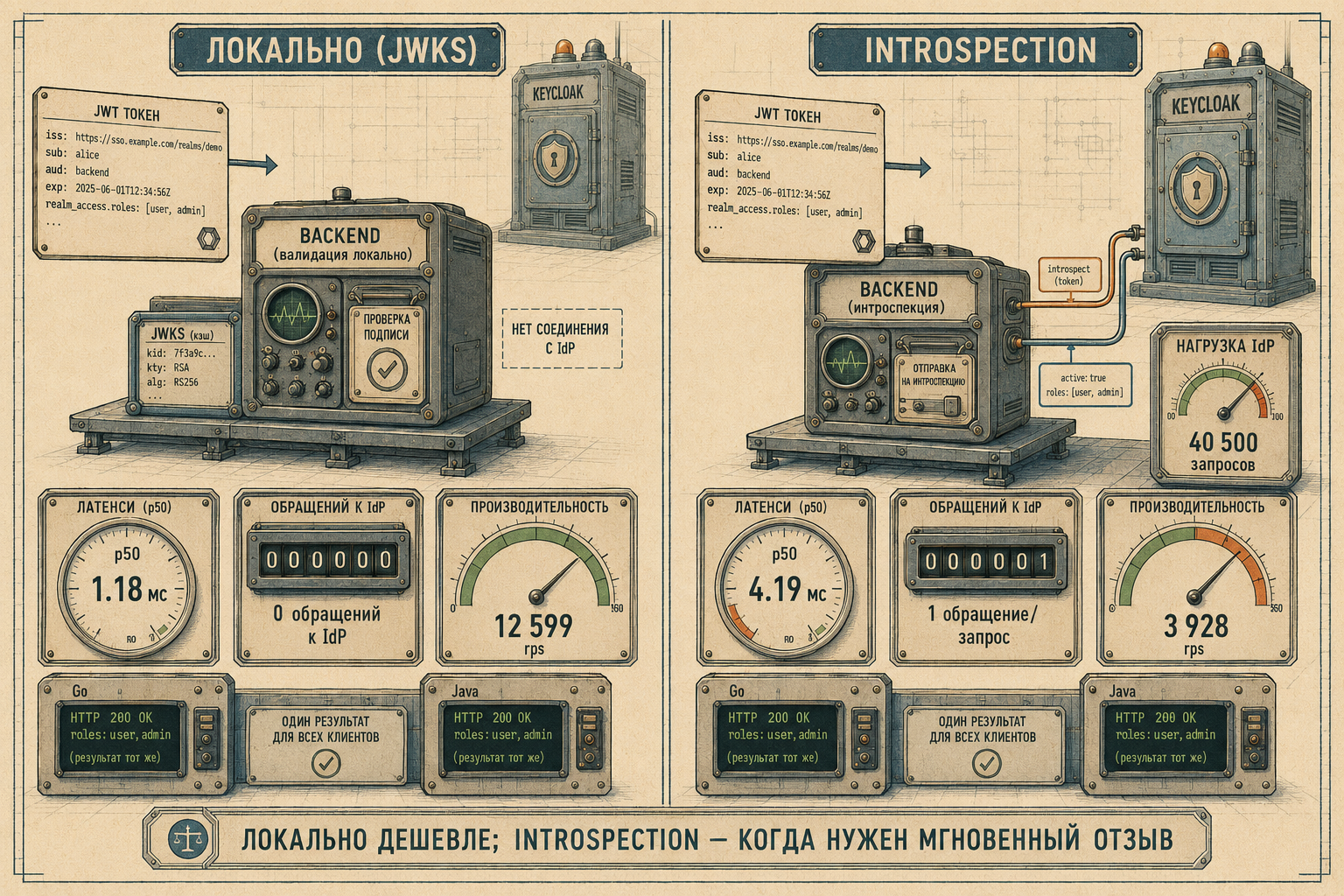 Ретрофутуристский диспетчерский зал в стилистике советского sci-fi: слева бэкенд-терминал сам сверяет перфокарту-JWT с локальной картотекой ключей JWKS (штамп «подпись верна» ставится на месте, за миллисекунды), справа — второй терминал на каждую карту гоняет курьера по длинному пневмопроводу к центральному серверу Keycloak и ждёт ответа; над залом два счётчика нагрузки: «0 обращений к IdP» и «1 обращение на запрос», Keycloak-шкаф справа перегрет и мигает
