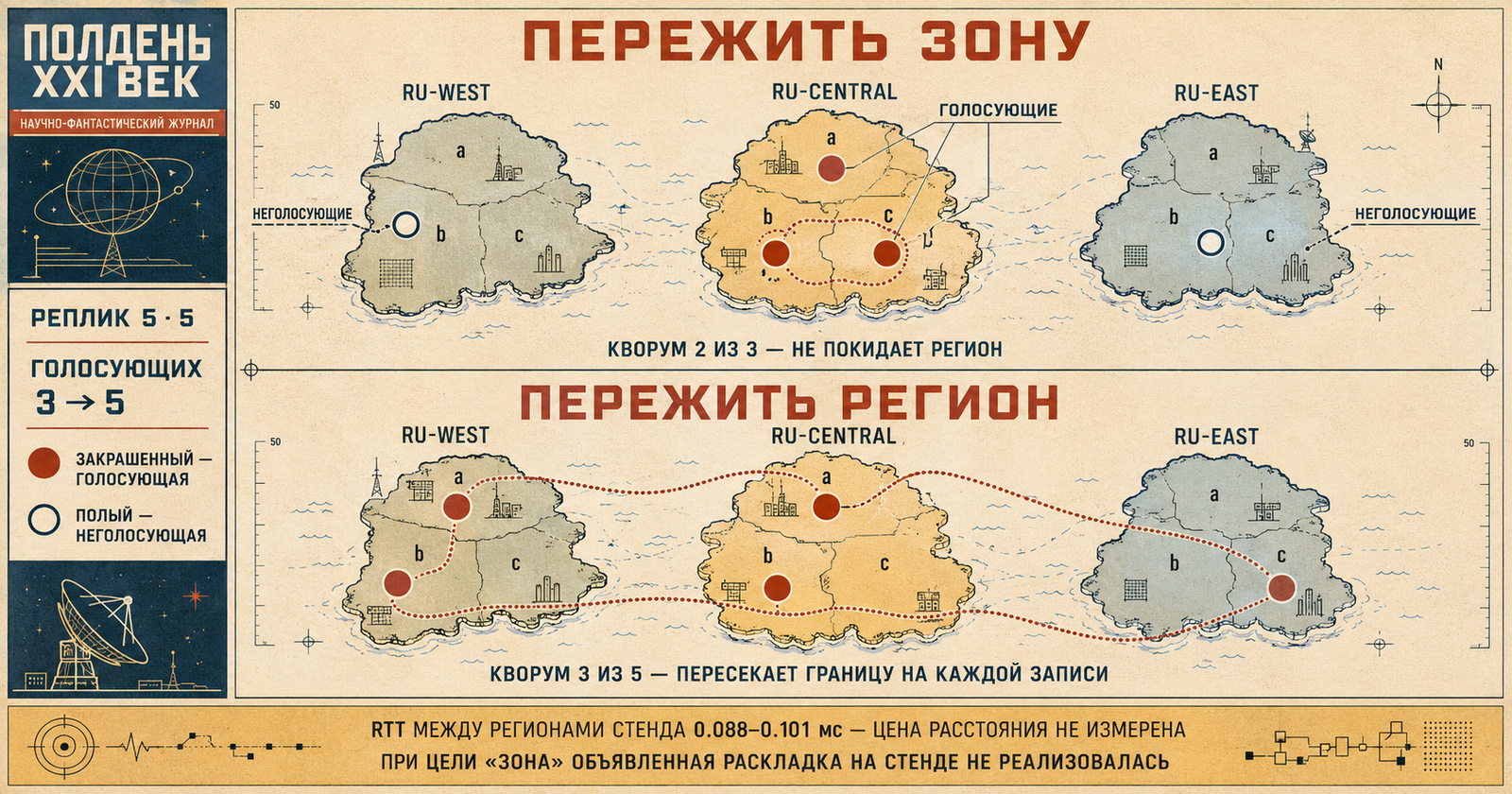 Карта из трёх островов-регионов «ru-west», «ru-central», «ru-east», каждый разбит на зоны a, b, c. Верхняя половина, заголовок «пережить зону»: на центральном острове три закрашенных кружка с подписью «голосующие», на двух других по одному полому — «неголосующие»; пунктирный контур кворума охватывает два закрашенных и целиком помещается внутри центрального острова, подпись «кворум 2 из 3 — не покидает регион». Нижняя половина, заголовок «пережить регион»: закрашенных кружков пять, разложены два-два-один по трём островам, полых нет; контур кворума охватывает три закрашенных на разных островах и растянут через проливы, подпись «кворум 3 из 5 — пересекает границу на каждой записи». Слева легенда «реплик 5 · 5», «голосующих 3 → 5» и расшифровка закрашенного и полого кружка. Внизу лента в две строки: «RTT между регионами стенда 0.088–0.101 мс — цена расстояния не измерена» и «при цели „зона“ объявленная раскладка на стенде не реализовалась»