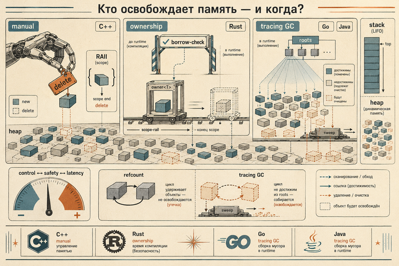 Куча, стек и сборщик мусора: как языки управляют памятью