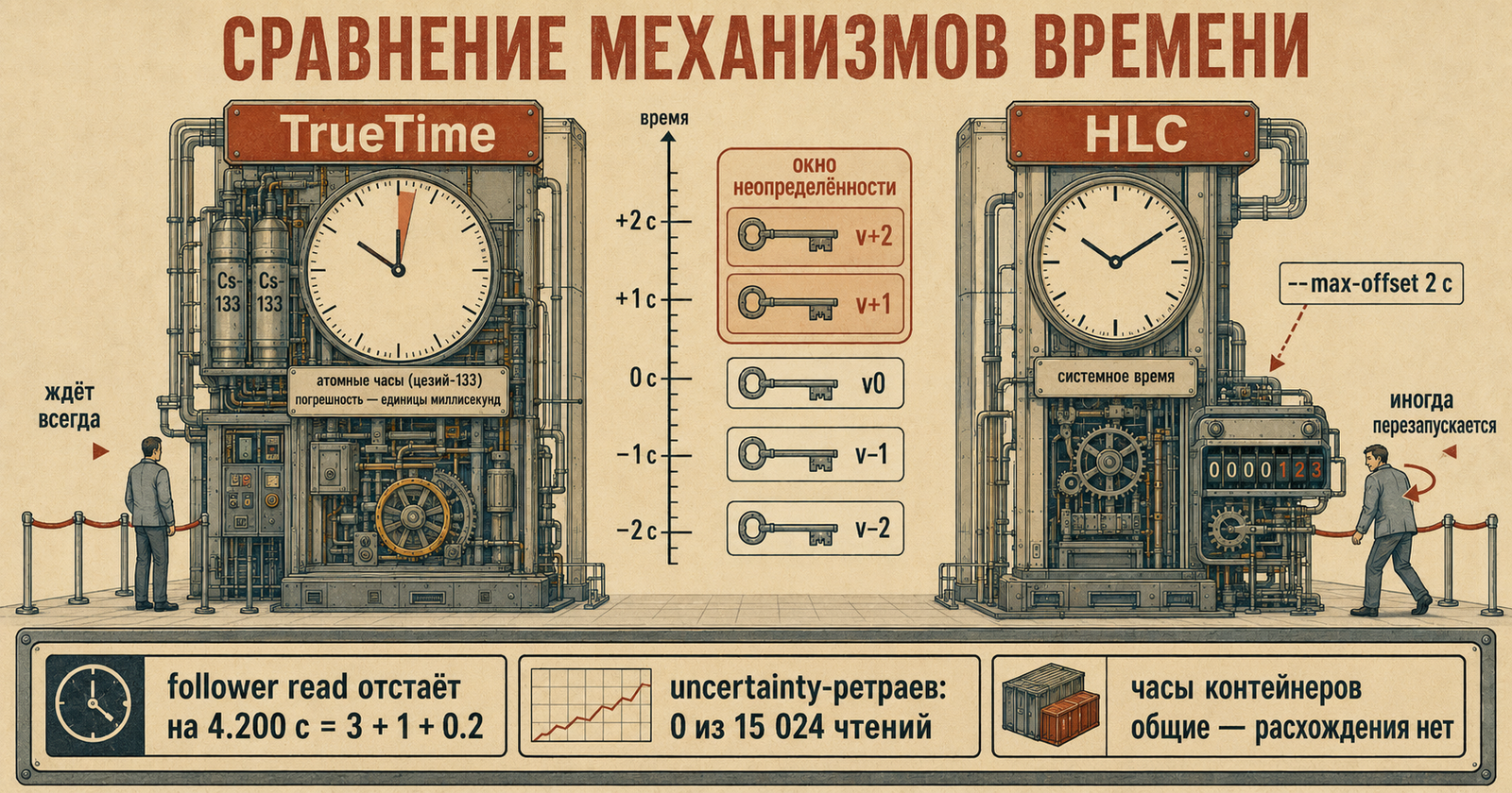 Две башенные часовые механики друг против друга под заголовком «Сравнение механизмов времени». Слева башня «TrueTime»: массивные атомные часы на цезии-133 с узким закрашенным сектором на циферблате и подписью «погрешность — единицы миллисекунд», у ограждения фигура «ждёт всегда». Справа башня «HLC»: обычные часы, рядом храповик-счётчик и выноска «&ndash;max-offset 2 с», фигура разворачивается с подписью «иногда перезапускается». По центру вертикальная шкала времени от −2 до +2 секунд с ключами-версиями на делениях; рамкой «окно неопределённости» накрыты только версии на +1 и +2 секунды. Внизу три табло: «follower read отстаёт на 4.200 с = 3 + 1 + 0.2», «uncertainty-ретраев: 0 из 15 024 чтений», «часы контейнеров общие — расхождения нет»
