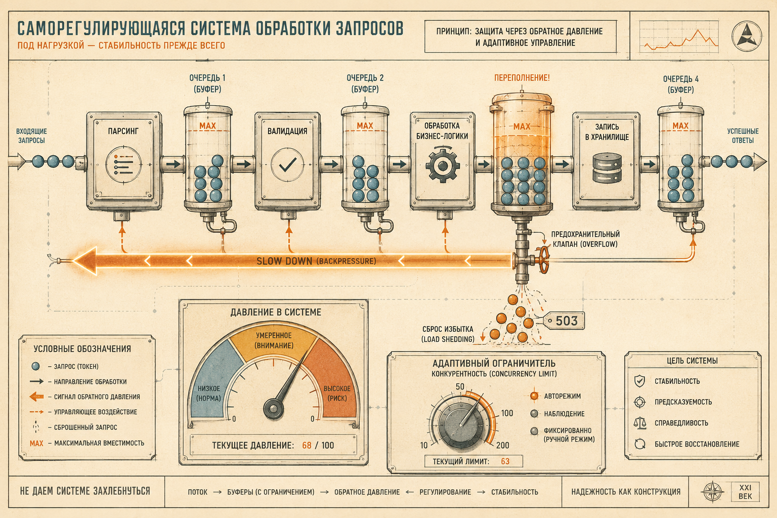 Схема саморегулирующейся системы обработки запросов: цепочка стадий с ограниченными очередями-буферами (MAX), сигнал SLOW DOWN (backpressure) вверх по потоку, предохранительный клапан сбрасывает избыток (load shedding, 503), манометр «давление в системе» и адаптивный ограничитель concurrency