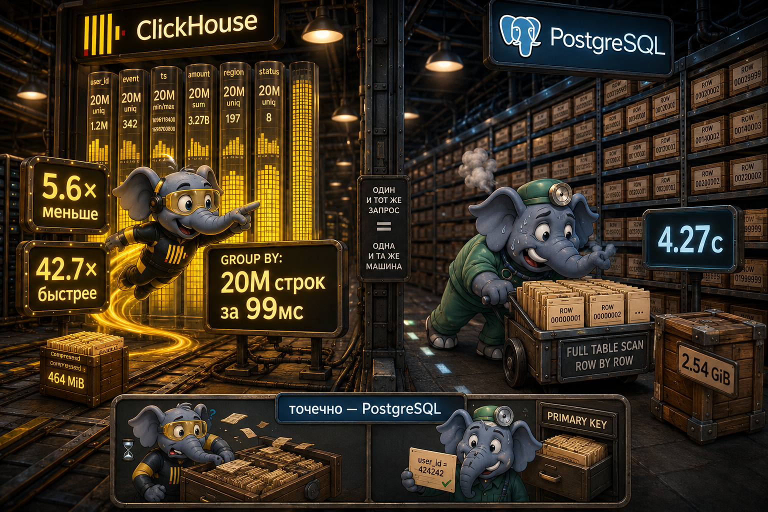 Колоночный ClickHouse против строчного PostgreSQL: сжатие 5.6× и агрегат 42.7×, но точечные операции — за PostgreSQL